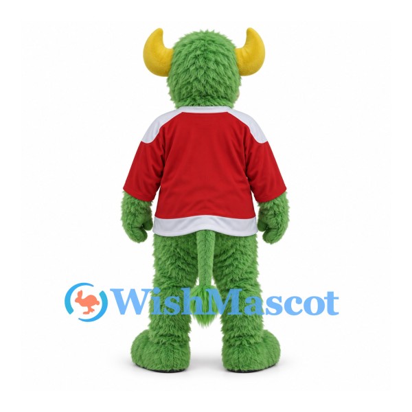 Bull Mascot Costume in Green with Yellow Horns and Red Jersey
