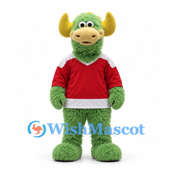 Bull Mascot Costume in Green with Yellow Horns and Red Jersey