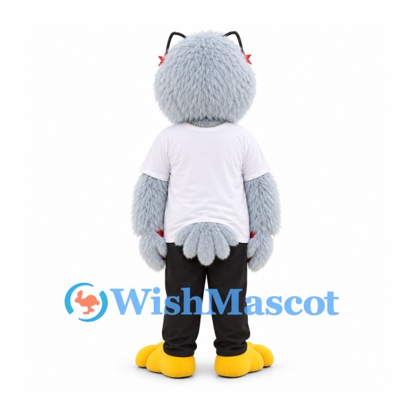 Bird Mascot Costume in Pale Gray with White Shirt and Eyelashes