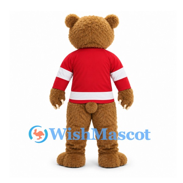Bear Mascot Costume with Red Hockey Jersey and White Stripes