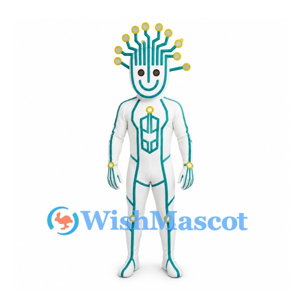 Robot Mascot Costume in White with Turquoise Circuit Lines