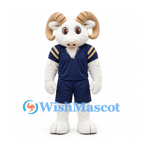Ram Mascot Costume in White with Navy Sports Uniform