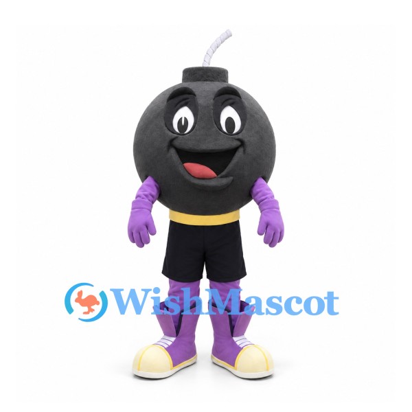 Bomb Mascot Costume with Black Round Head and Purple Boots