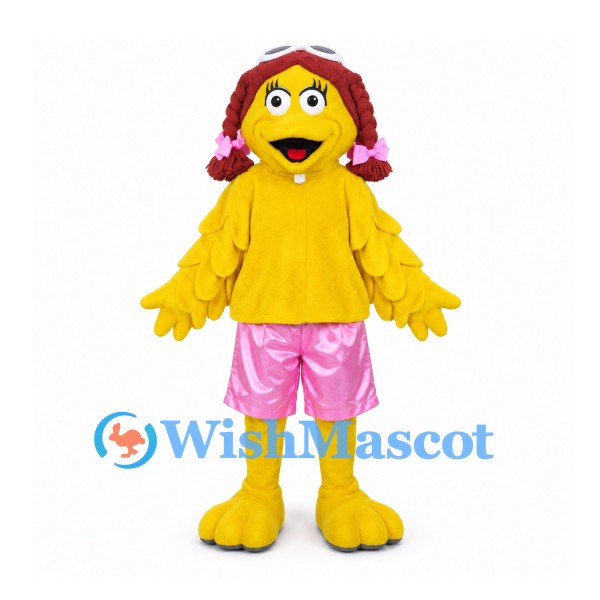 Bird Mascot Costume in Yellow with Pink Shorts and Aviator Hat