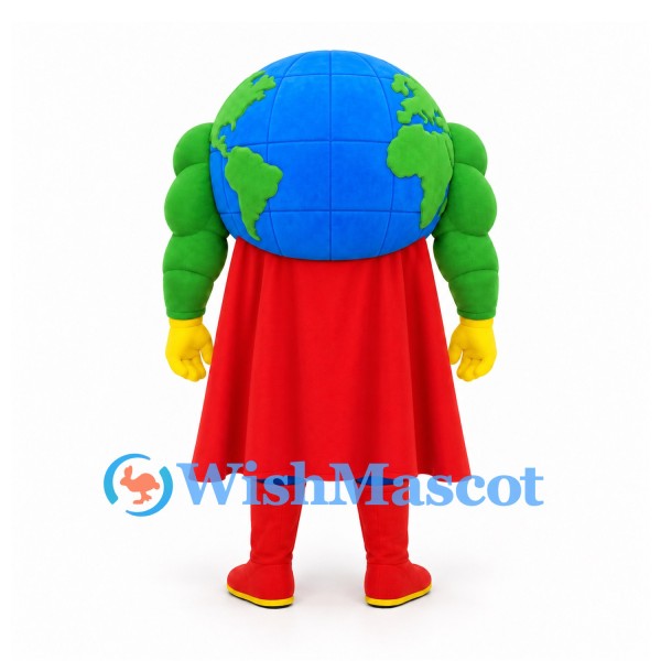 Earth Mascot Costume with Blue Globe Head and Red Superhero Cape