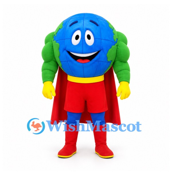Earth Mascot Costume with Blue Globe Head and Red Superhero Cape