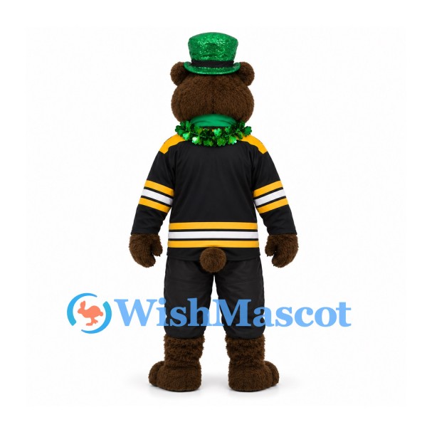 Bear Mascot Costume with Green Top Hat and Black Sports Jersey