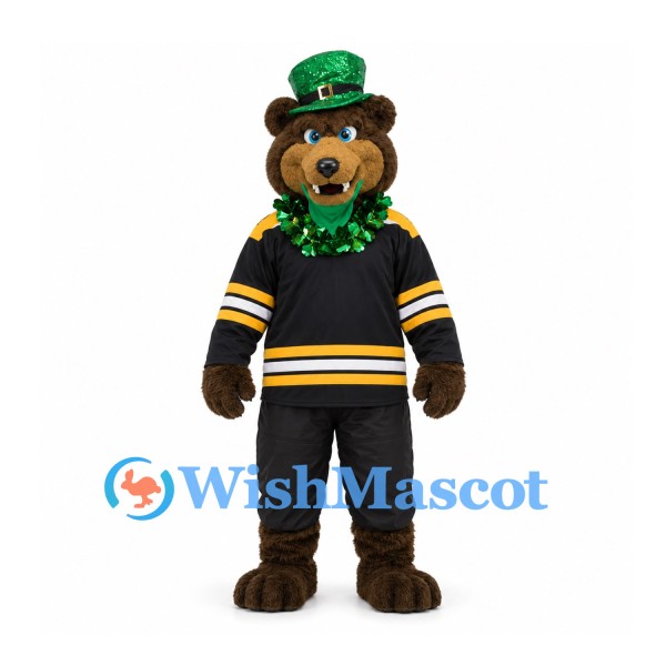 Bear Mascot Costume with Green Top Hat and Black Sports Jersey