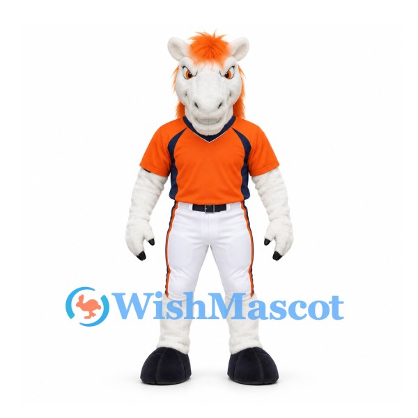 Horse Mascot Costume in White with Orange Mane and Polo Shirt