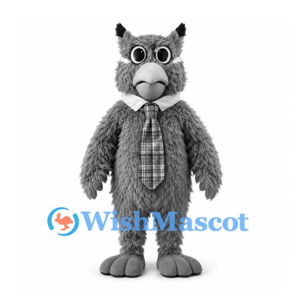 Wolf Mascot Costume in Gray with Long Fur and Checkered Tie