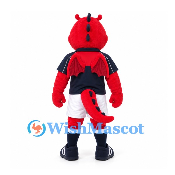 Dragon Mascot Costume in Red with Navy Sports Shirt and White Shorts