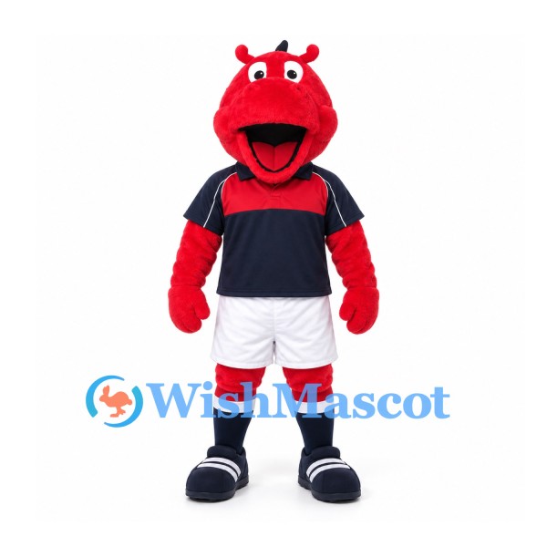 Dragon Mascot Costume in Red with Navy Sports Shirt and White Shorts