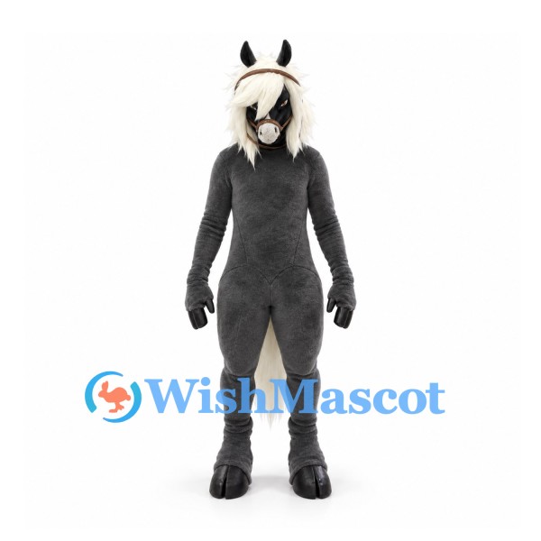 Horse Mascot Costume in Black with Long White Mane and Tail