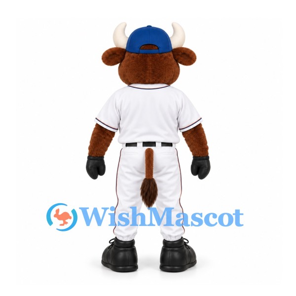 Bull Mascot Costume with White Baseball Uniform and Blue Cap
