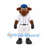 Bull Mascot Costume with White Baseball Uniform and Blue Cap
