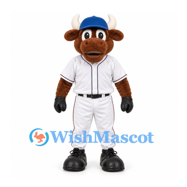 Bull Mascot Costume with White Baseball Uniform and Blue Cap