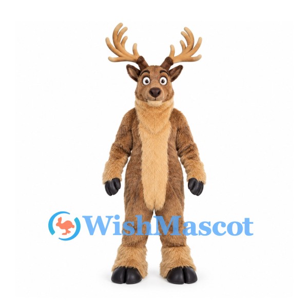 Deer Mascot Costume in Brown with Cream Belly and Broad Antlers