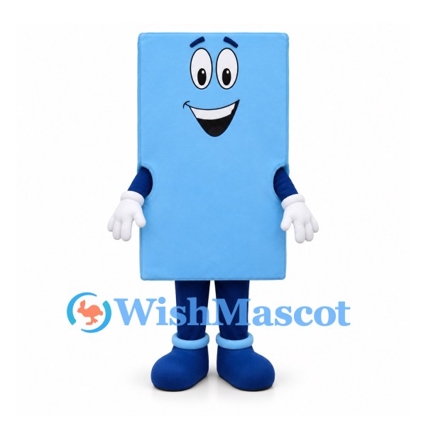 Block Mascot Costume in Light Blue with Smiling Face