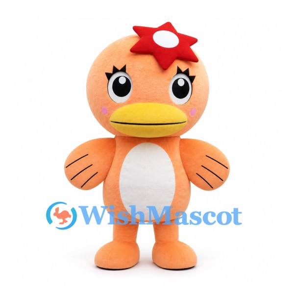 Duck Mascot Costume in Peach with White Belly and Red Flower