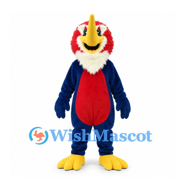 Bird Mascot Costume in Blue and Red with Cream Neck Ruff