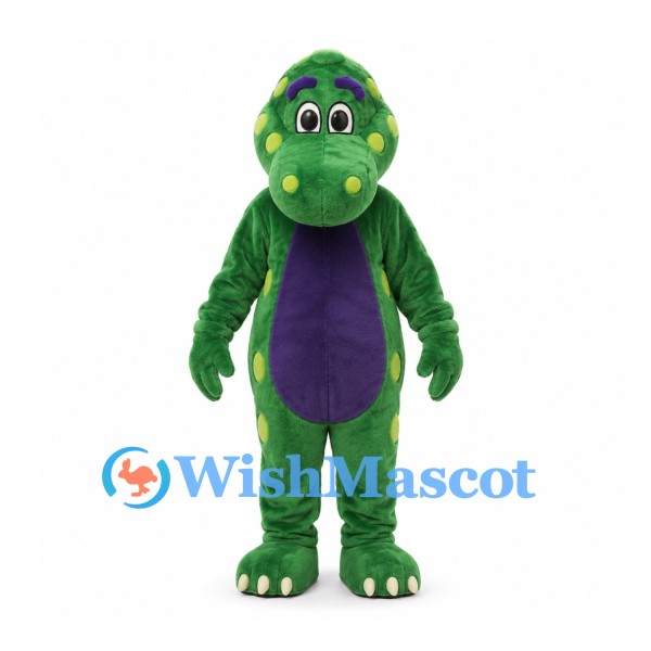Dinosaur Mascot Costume in Green with Yellow Spots and Purple Belly