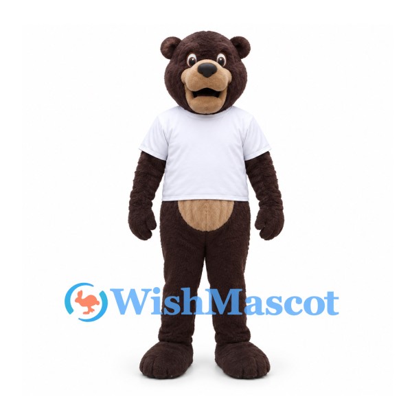 Bear Mascot Costume in Dark Brown with White Shirt