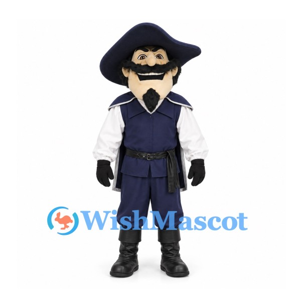 Pirate Mascot Costume with Navy Coat and Black Tricorn Hat