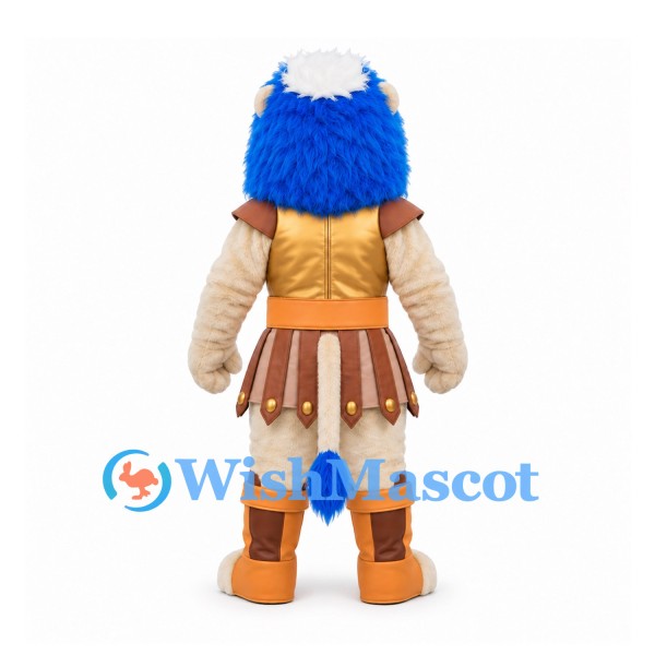 Lion Mascot Costume with Blue Mane and Gold Warrior Armor