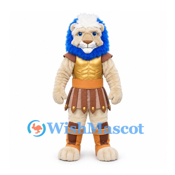 Lion Mascot Costume with Blue Mane and Gold Warrior Armor