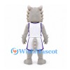 Dragon Mascot Costume in Gray with White Sports Uniform and Purple Trim