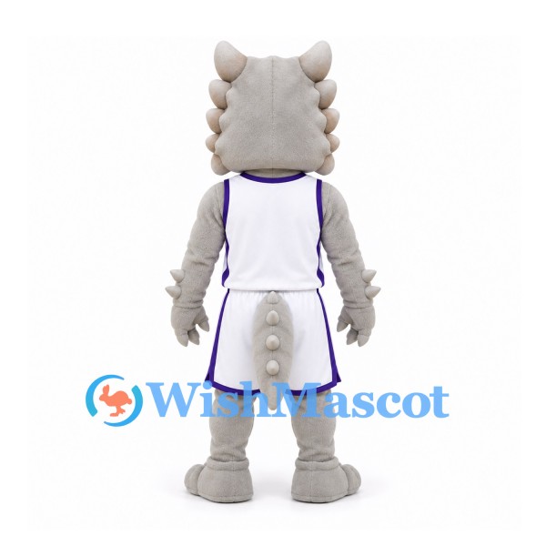 Dragon Mascot Costume in Gray with White Sports Uniform and Purple Trim