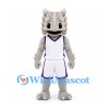 Dragon Mascot Costume in Gray with White Sports Uniform and Purple Trim