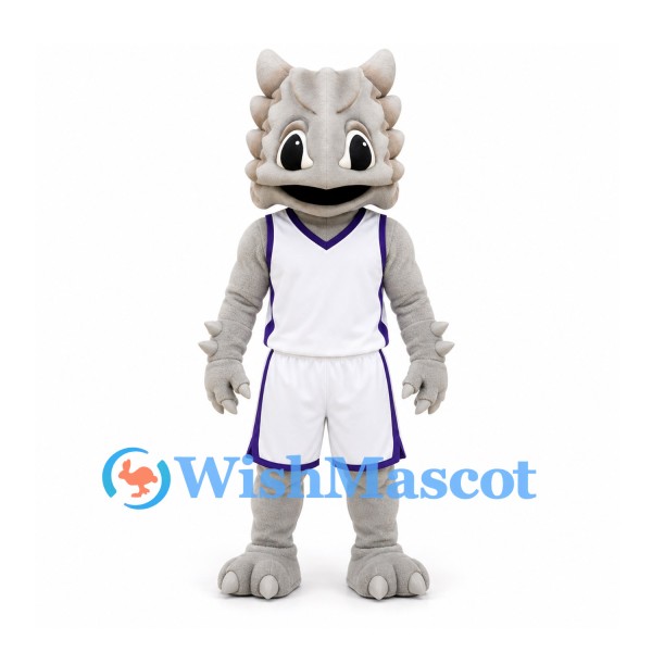 Dragon Mascot Costume in Gray with White Sports Uniform and Purple Trim
