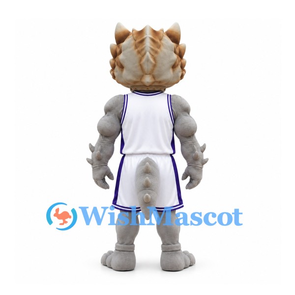 Dragon Mascot Costume in Gray with Muscular Arms and White Uniform