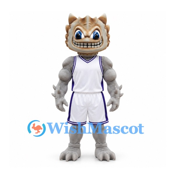Dragon Mascot Costume in Gray with Muscular Arms and White Uniform