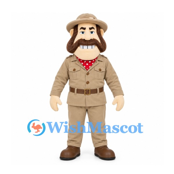 Explorer Mascot Costume with Tan Safari Suit and Brown Beard