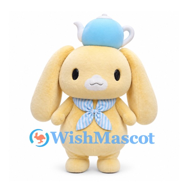 Rabbit Mascot Costume in Cream with Blue Hat and Bow