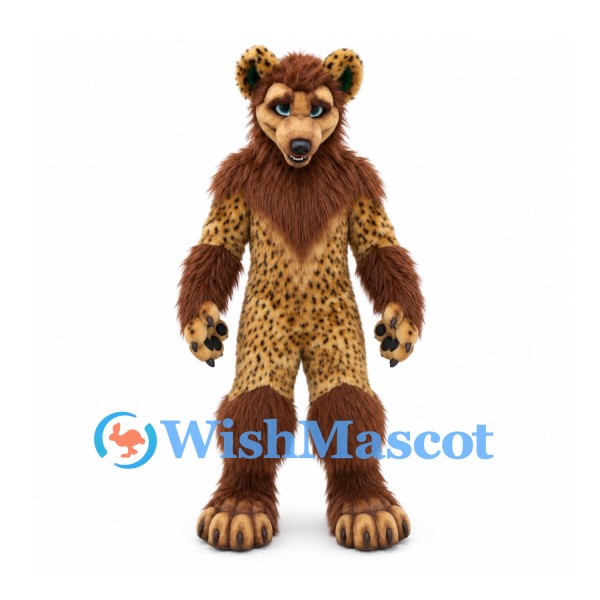 Hyena Mascot Costume with Spotted Gold Body and Brown Mane