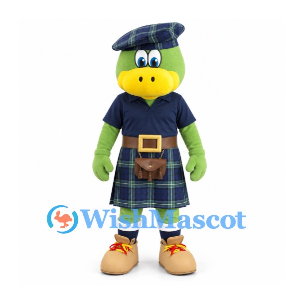 Duck Mascot Costume in Green with Tartan Kilt and Cap