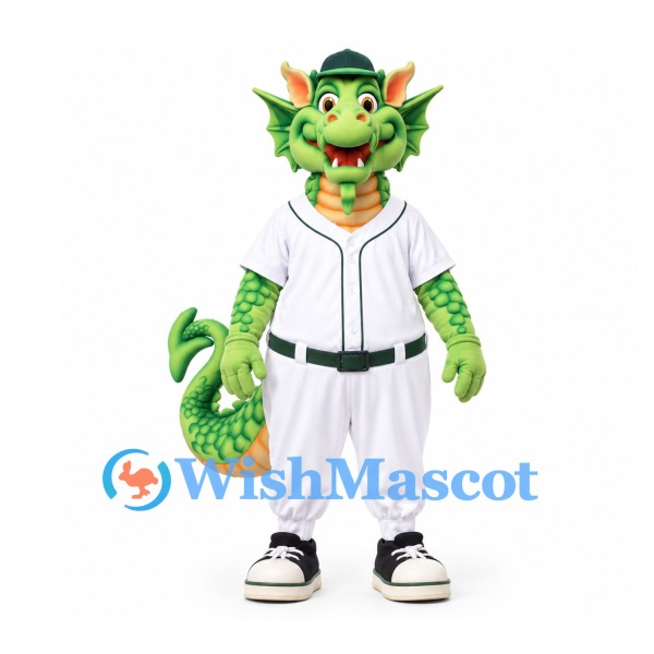 Dragon Mascot Costume in Green with White Baseball Uniform