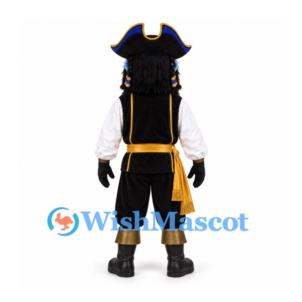 Pirate Mascot Costume with Blue Face and Black Gold Tricorn Hat