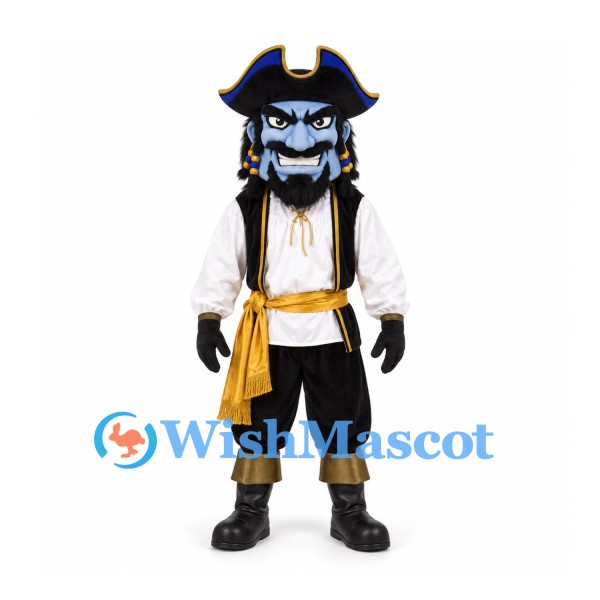 Pirate Mascot Costume with Blue Face and Black Gold Tricorn Hat