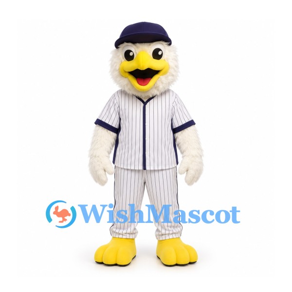 Eagle Mascot Costume with White Baseball Uniform and Navy Cap