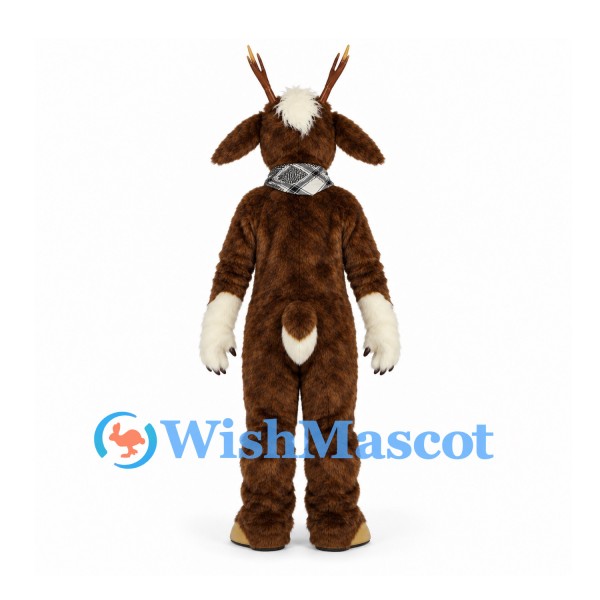 Goat Mascot Costume in Brown with Cream Beard and Checkered Scarf