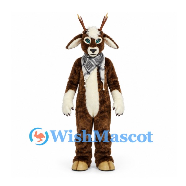 Goat Mascot Costume in Brown with Cream Beard and Checkered Scarf