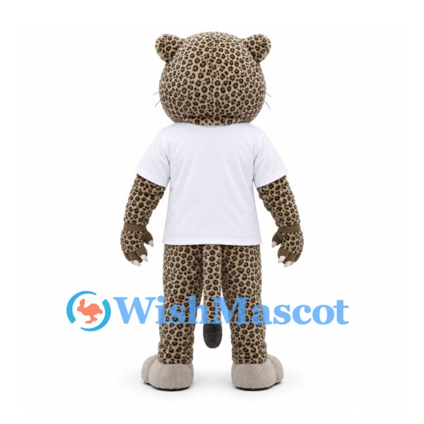Leopard Mascot Costume with Gray Spotted Body and White Shirt