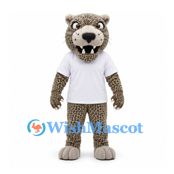Leopard Mascot Costume with Gray Spotted Body and White Shirt