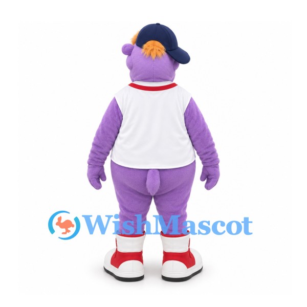 Hippo Mascot Costume in Purple with White Baseball Jersey