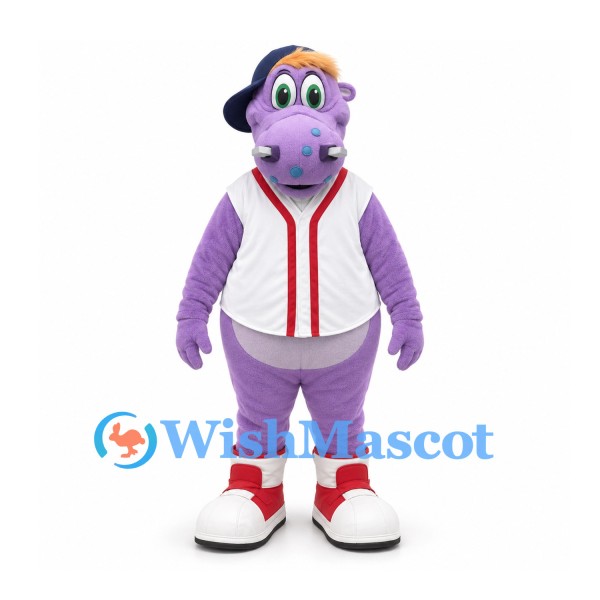 Hippo Mascot Costume in Purple with White Baseball Jersey