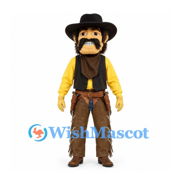 Cowboy Mascot Costume with Black Hat and Brown Leather Look Chaps